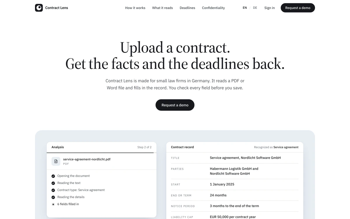 The Contract Lens landing page: "Upload a contract. Get the facts and the deadlines back." A demo below reads a sample service agreement into a contract record.