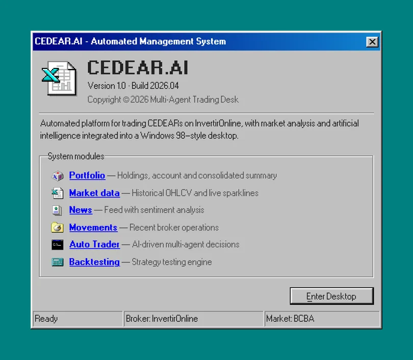 The Multi-Agent Trading Desk opening dialog, styled as Windows 98: CEDEAR.AI, with its modules listed: Portfolio, Market data, News, Movements, Auto Trader and Backtesting.