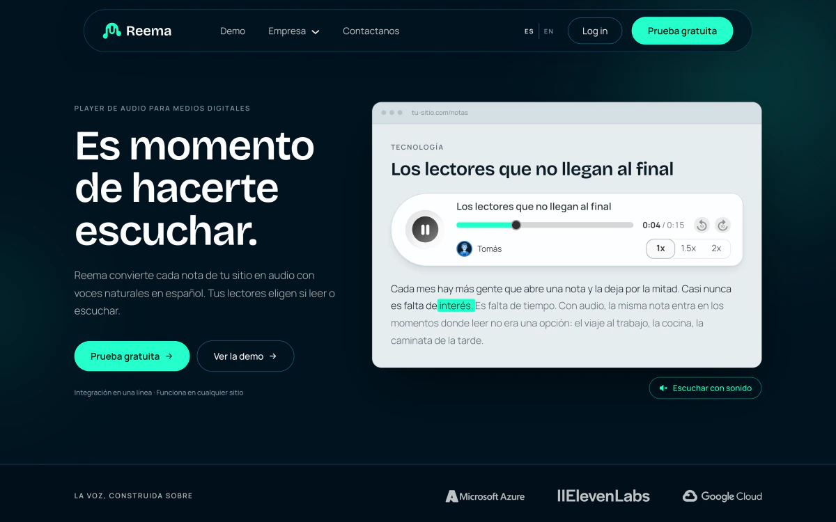 The Reema landing page in Spanish. A sample article plays through the "listen to this article" player, which highlights the word being read.